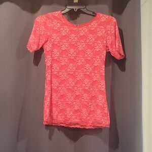 Diviine ModesTee Women's Floral Lace Top Lined Stretch Short Sleeve Coral M